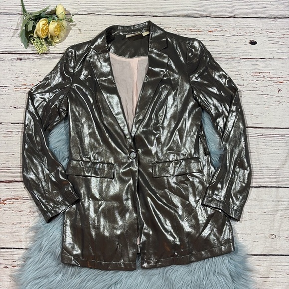 Anthropologie Maeve Zada Silver Metallic Dark Blazer Jacket - Picture 2 of 10